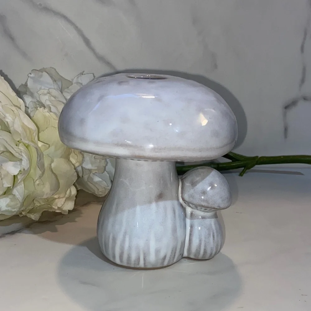 Ceramic Mushroom Sculpture Candle Holder- White and Gray